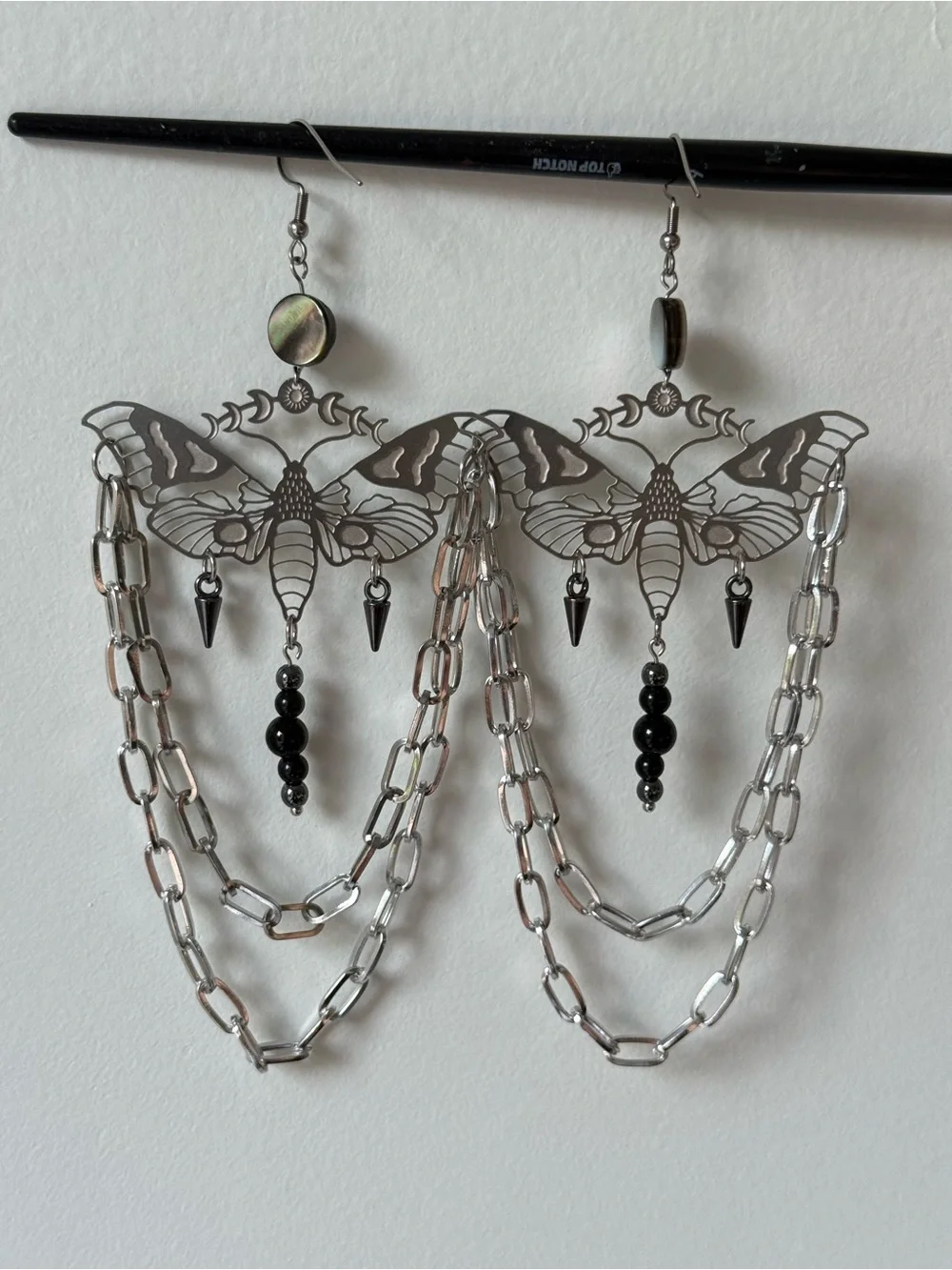 Moth statement earrings black obsidian hematite hanging chains witchy boho festi